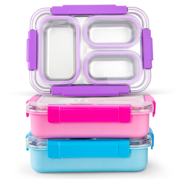 Eazy Kids – Stainless Steel Lunch Box 710ml, 3 Compartment Leakproof Bento Box for Kids- Purple