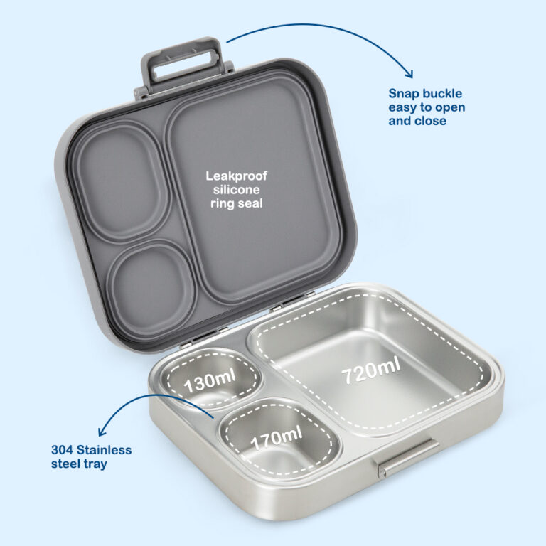 Eazy Kids - Premium Stainless Steel Bento Lunch Box w/ Silicon Lid, Grey