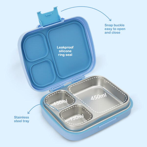 Eazy Kids – Premium Stainless Steel Lunch Box 710ml – Leakproof 3-Compartment Lunch Box for Kids, Blue