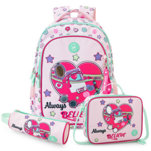 Eazy Kids – 17”School Bag Set of 3- Backpack, Lunch Bag & Pencil Case,Laptop Compartment -Always Believe – Pink