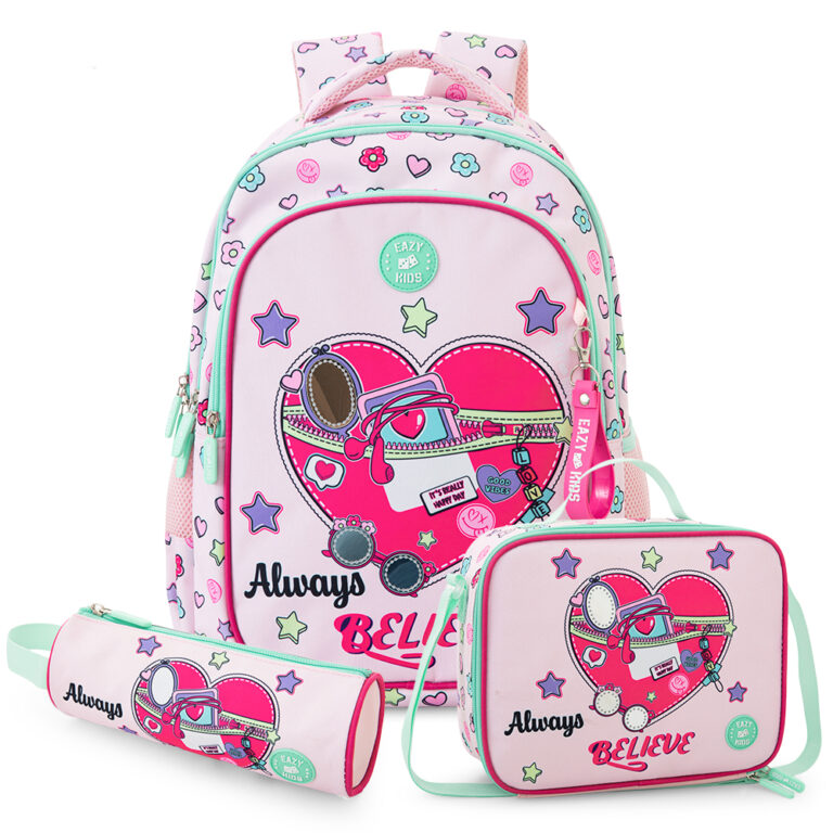 Eazy Kids - 17”School Bag Set of 3- Backpack, Lunch Bag & Pencil Case,Laptop Compartment -Always Believe - Pink