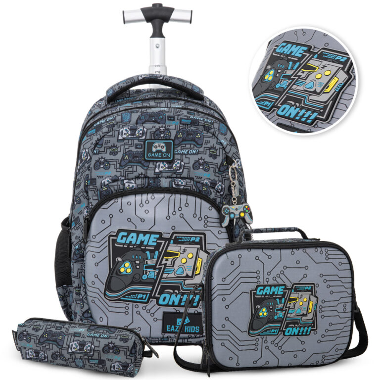 Eazy Kids - 17” 3-Piece Trolley School Backpack Set for Kids – Gaming Design with Lunch Bag & Pencil Case, Grey