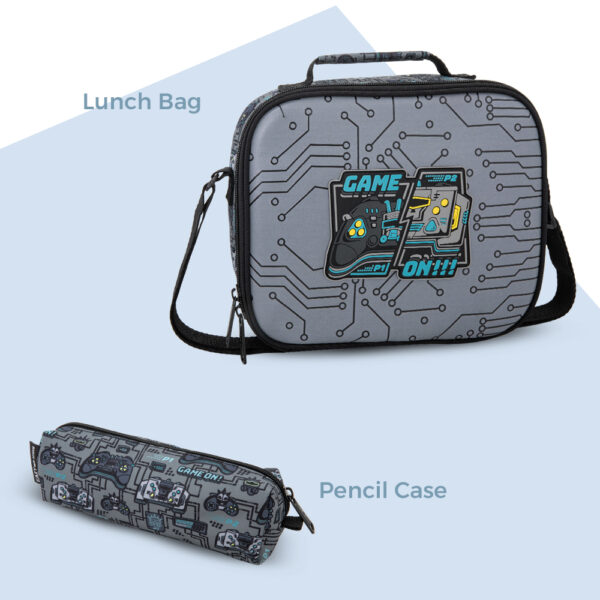 Eazy Kids – 17” 3-Piece Trolley School Backpack Set for Kids – Gaming Design with Lunch Bag & Pencil Case, Grey