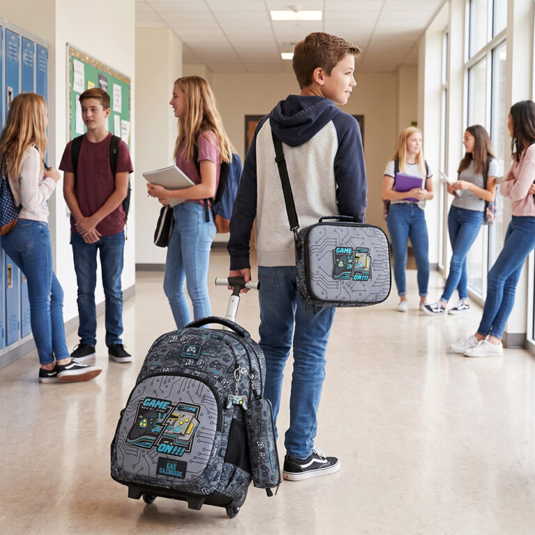 Eazy Kids - 17” 3-Piece Trolley School Backpack Set for Kids – Gaming Design with Lunch Bag & Pencil Case, Grey