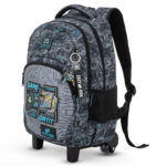 Eazy Kids – 17” 3-Piece Trolley School Backpack Set for Kids – Gaming Design with Lunch Bag & Pencil Case, Grey