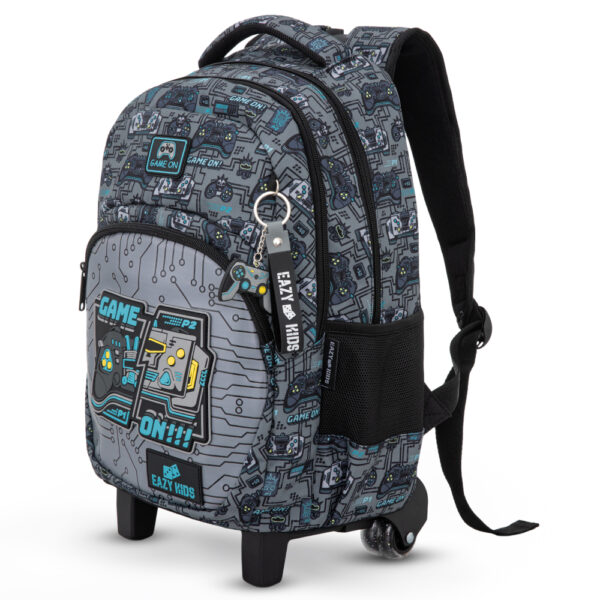 Eazy Kids – 17” 3-Piece Trolley School Backpack Set for Kids – Gaming Design with Lunch Bag & Pencil Case, Grey