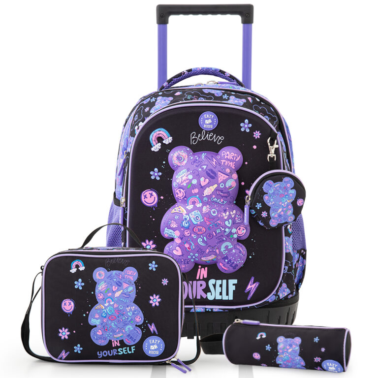 Eazy Kids - 18” Trolley School Bag Set of 4– Trolley Backpack, Lunch Bag, Pencil Case and Coin Purse w/ Laptop Compartment,Teddy Black