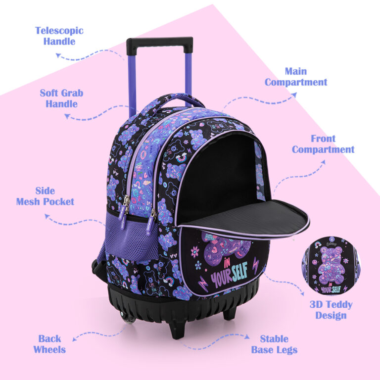 Eazy Kids - 18” Trolley School Bag Set of 4– Trolley Backpack, Lunch Bag, Pencil Case and Coin Purse w/ Laptop Compartment,Teddy Black