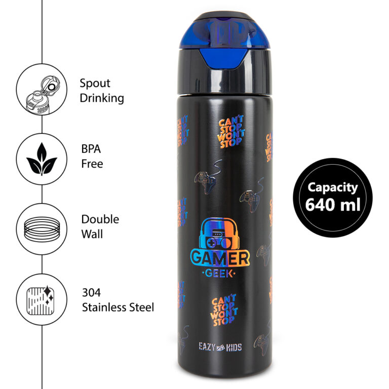 Eazy Kids - Insulated Stainless Steel Water Bottle w/Spray , Gamer 640ml Black