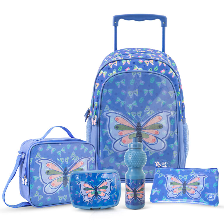 Eazy Kids  - 17” Trolley School Bag 5-in-1 with Wheels – Backpack, Lunch Bag, Water Bottle, Lunch Box & Pencil Case, Blue
