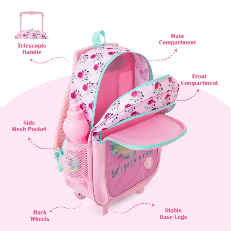 Eazy Kids - 17” Trolley School Bag Value Pack 5-in-1 with Wheels – Backpack, Lunch Bag, Water Bottle, Lunch Box & Pencil Case, Pink