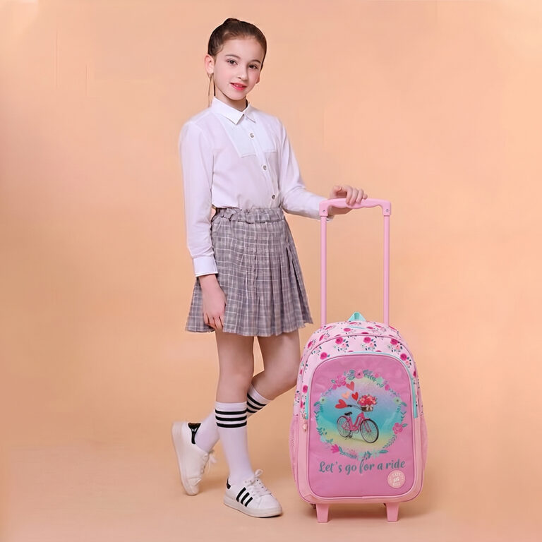 Eazy Kids - 17” Trolley School Bag Value Pack 5-in-1 with Wheels – Backpack, Lunch Bag, Water Bottle, Lunch Box & Pencil Case, Pink