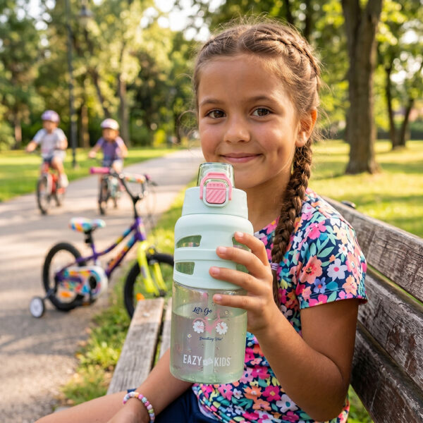 Eazy Kids – Flip Top Water Bottle 750ml – BPA Free Spout & Straw Bottle for Kids, Bicycle Mint