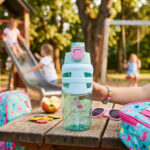 Eazy Kids – Flip Top Water Bottle 750ml – BPA Free Spout & Straw Bottle for Kids, Flamingo Aqua