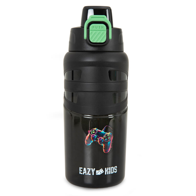 Eazy Kids - Flip Top Water Bottle 750ml – BPA Free Spout & Straw Bottle for Kids, Gamer Black