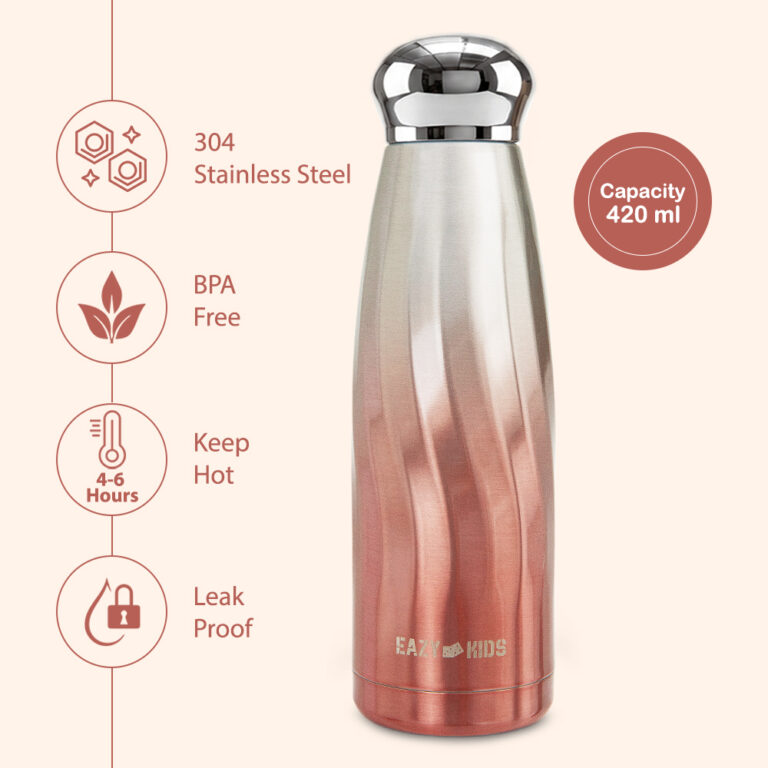 Eazy Kids -  Double Walled Stainless Steel Water Bottle, 420ml Rose Gold