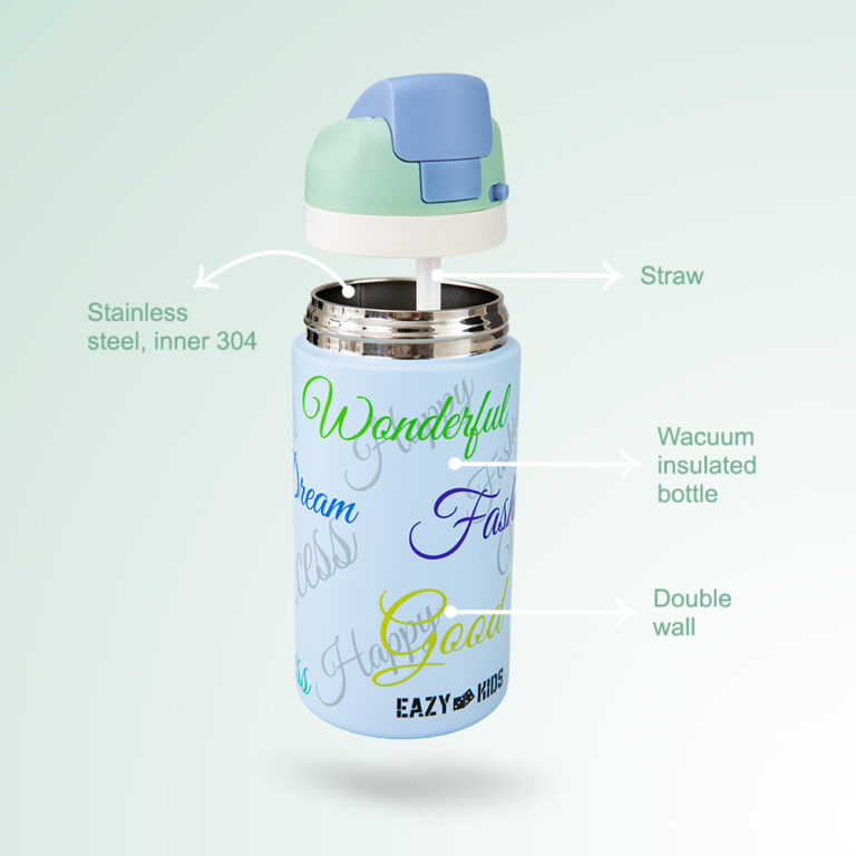 Eazy Kids Stainless Steel Water Bottle Bling w/ Straw and Spout 445 mL Success Blue