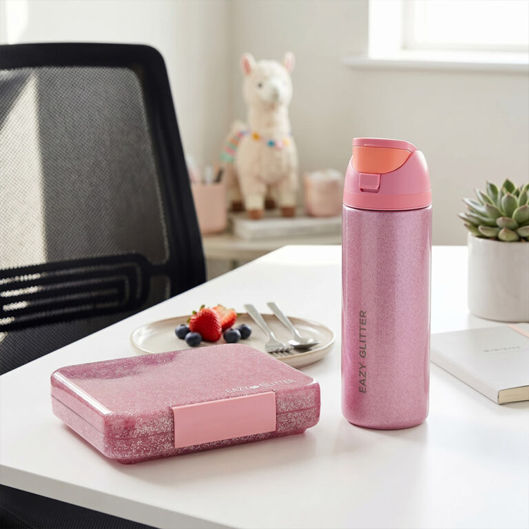 Eazy Kids - Glitter Stainless Steel Water Bottle 720ml – Double Wall Insulated, Spout Lid, Leakproof - Pink