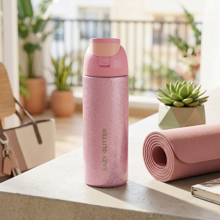 Eazy Kids - Glitter Stainless Steel Water Bottle 720ml – Double Wall Insulated, Spout Lid, Leakproof - Pink