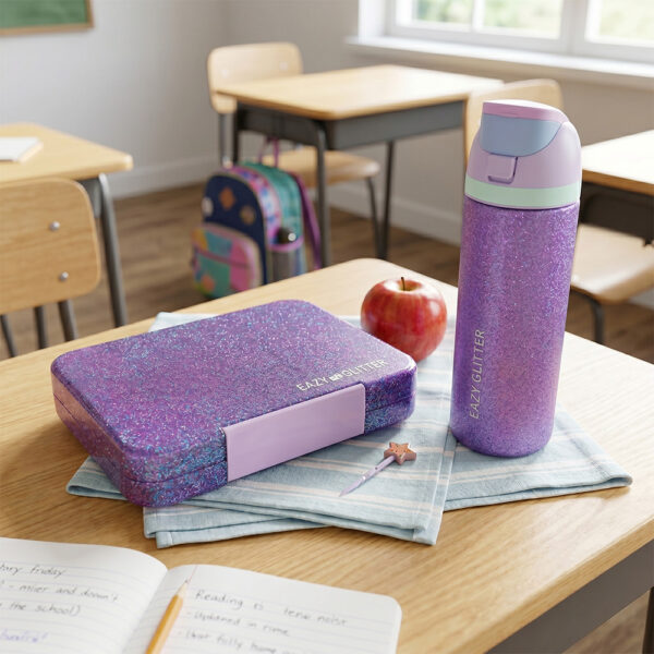 Eazy Kids – Glitter Stainless Steel Water Bottle 720ml – Double Wall Insulated, Spout Lid, Leakproof – Purple