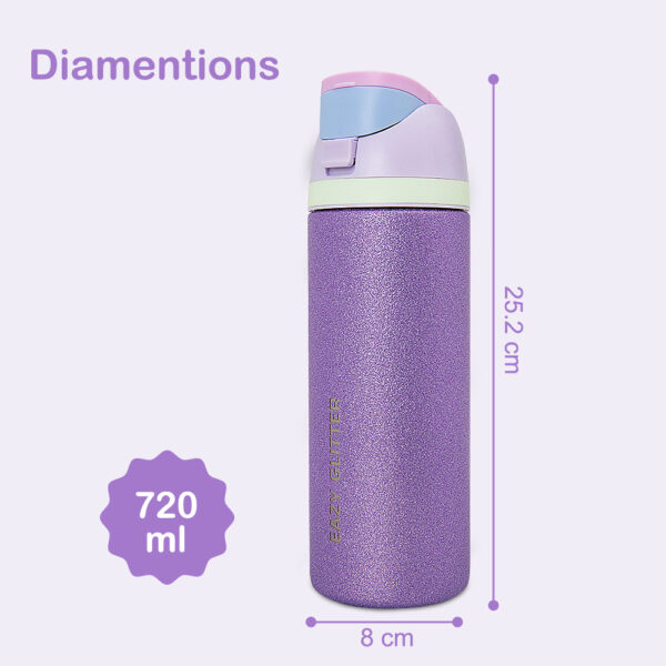 Eazy Kids – Glitter Stainless Steel Water Bottle 720ml – Double Wall Insulated, Spout Lid, Leakproof – Purple