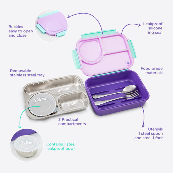 Hydrobrew – Steel Core Lunch Box 750ml + 150ml Food Jar w/ cutlery, Stainless Steel, Leakproof – BERRY CREAM