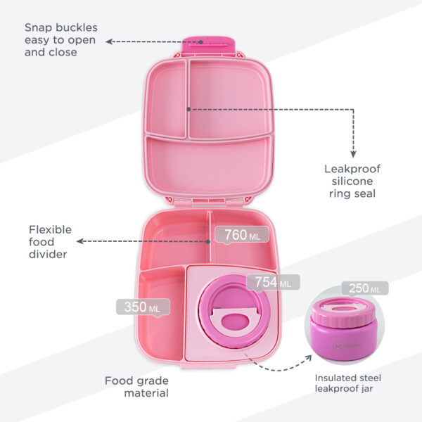 Hydrobrew – Mega Flex Bento Lunch Box 1864ml, Leakproof Lunch Container with Integrated 250ml Insulated Food Jar- Rose Silk