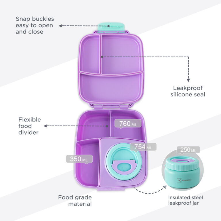 Hydrobrew - Mega Flex Bento Lunch Box 1864ml,  Leakproof Lunch Container with Integrated 250ml Insulated Food Jar- Orchid Mist