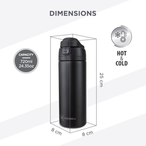 Hydrobrew – SipSwitch™ Insulated Water Bottle 720ml – Leakproof, Stainless Steel, Straw & Spout Lid -Carbon
