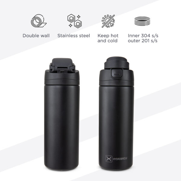 Hydrobrew – SipSwitch™ Insulated Water Bottle 720ml – Leakproof, Stainless Steel, Straw & Spout Lid -Carbon
