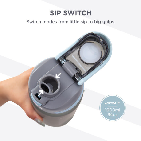 Hydrobrew – Sip Switch Tritan Water Bottle 1000ml Leakproof, BPA Free, Straw & Spout Lid- Graphite