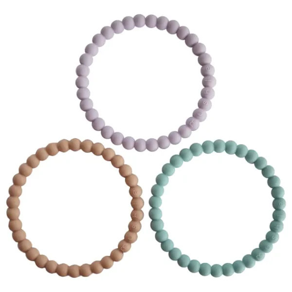 Mushie – Silicone Pearl Teether Bracelets Lilac/Cyan/Soft Peach