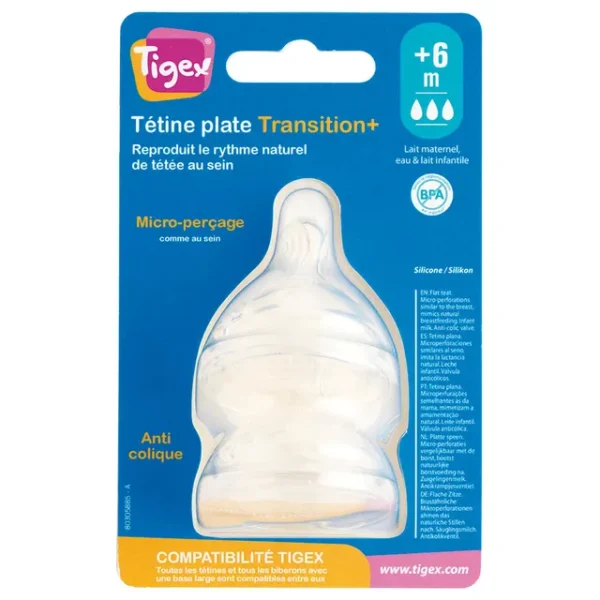 Tigex – Transition+ Wide Neck Silicone Teats 6m+ – Pack of 2 – Clear
