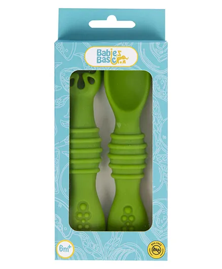 Babies Basic - Soft Tip BPA Free Silicone First Stage Training Spoon with Masher- Green