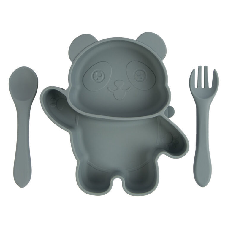 Babies Basic - Silicone Plate, Spoon and Fork Panda Feeding Set - 3 Pcs - Indigo