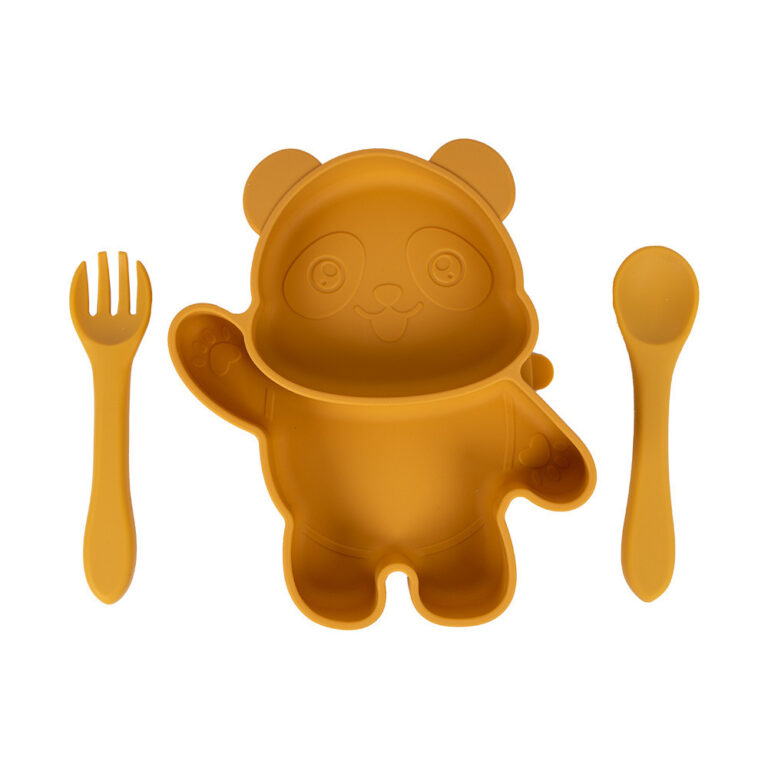 Babies Basic - Silicone Plate, Spoon and Fork Panda Feeding Set - 3 Pcs - Yellow
