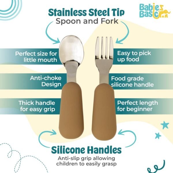 Babies Basic – Stainless Steel Cutlery Set with Spoon and Fork with travel case – Cream