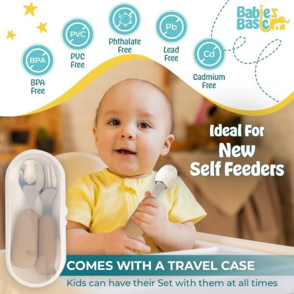 Babies Basic – Stainless Steel Cutlery Set with Spoon and Fork with travel case – Cream