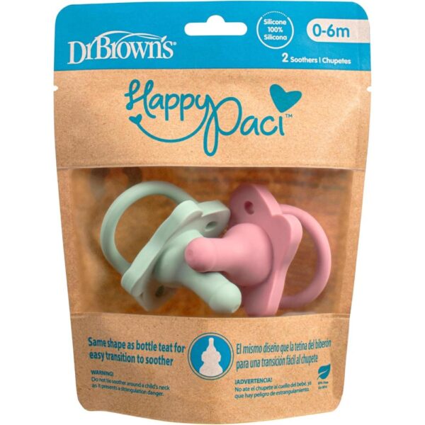 Dr. Browns – Happypaci Silicone One-Piece Soother – Pink and Green (Pack of 2)