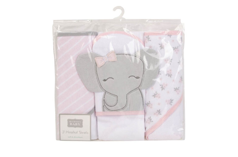 Hudson Childrenswear - Knit Terry Hooded Towel 3Pc Cute Elephant - Pink Multicolor