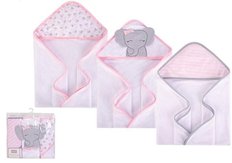 Hudson Childrenswear - Knit Terry Hooded Towel 3Pc Cute Elephant - Pink Multicolor