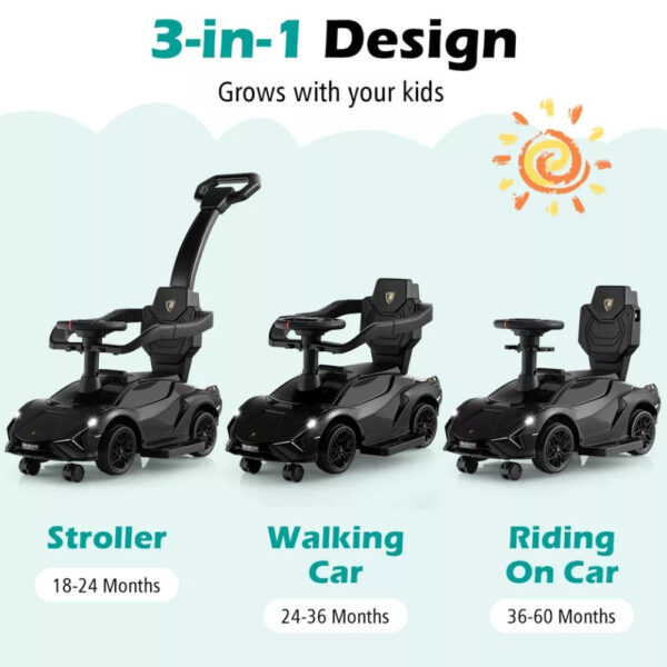 Lamborghini 3-in-1 Ride-On Push Car for Kids – Licensed Stroller, Walker & Ride Toy with USB Music, Black