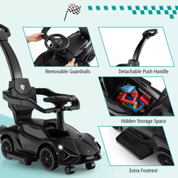 Lamborghini 3-in-1 Ride-On Push Car for Kids – Licensed Stroller, Walker & Ride Toy with USB Music, Black