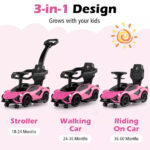 Lamborghini 3-in-1 Ride-On Push Car for Kids – Licensed Stroller, Walker & Ride Toy with USB Music, Pink