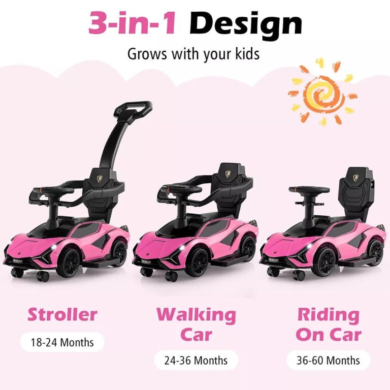 Lamborghini 3-in-1 Ride-On Push Car for Kids – Licensed Stroller, Walker & Ride Toy with USB Music, Pink