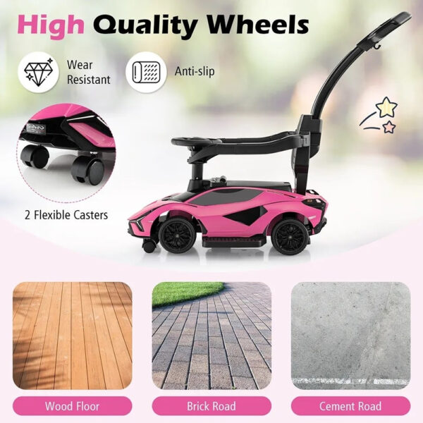 Lamborghini 3-in-1 Ride-On Push Car for Kids – Licensed Stroller, Walker & Ride Toy with USB Music, Pink