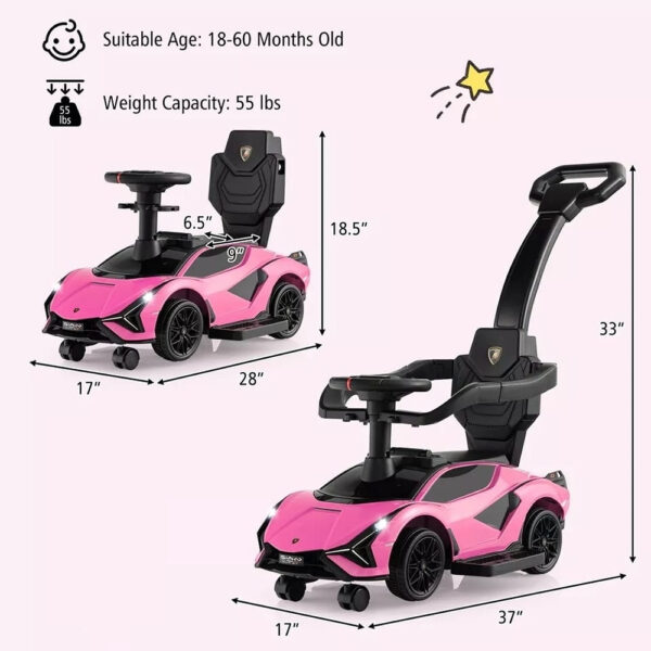 Lamborghini 3-in-1 Ride-On Push Car for Kids – Licensed Stroller, Walker & Ride Toy with USB Music, Pink