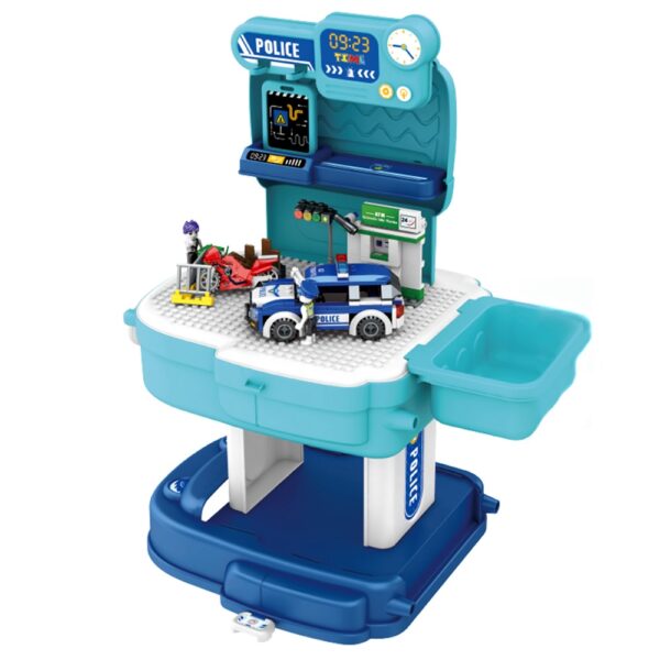 Little Story – 2in1 Police Station W/Police Car & Block Set School Bag (219 Pcs) – Blue