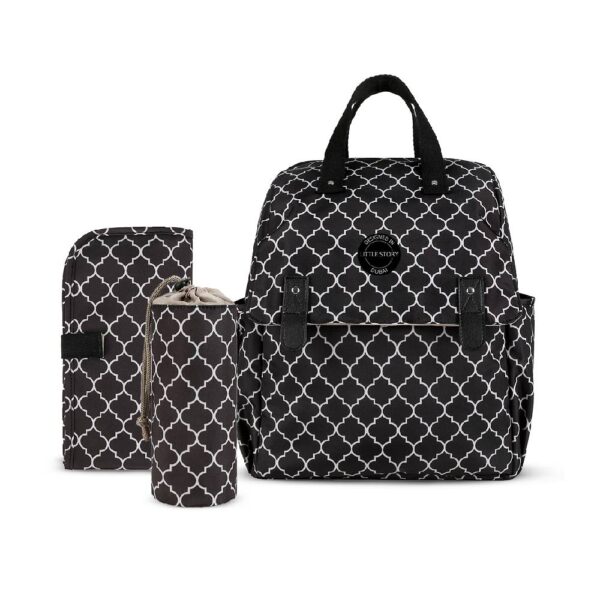 Little Story – Diaper Backpack with Changing Mat and Bottle Bag – set of 3 – Black