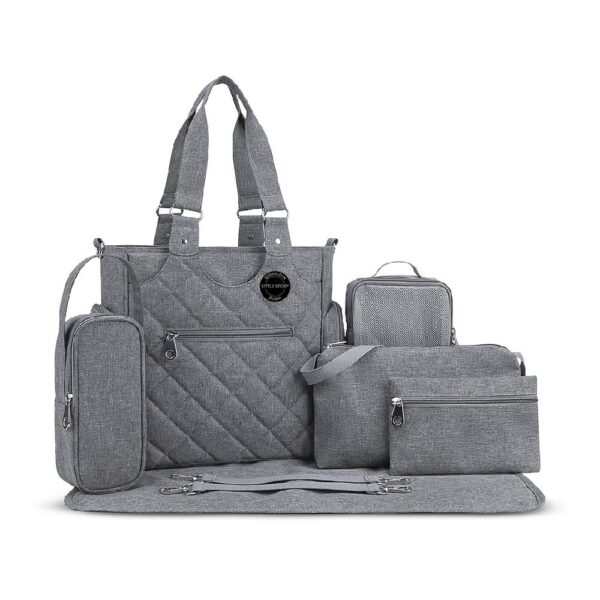 Little Story – Quilted Diaper Bag with Stroller Straps and Changing Mat – Black – Set of 7
